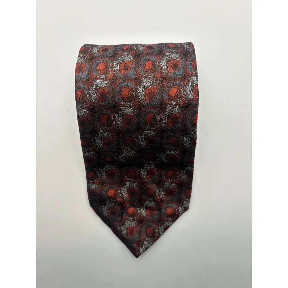 Jhane Barnes Mens Silk Necktie Rust Orange Blue Abstract Geometric Pattern Tie